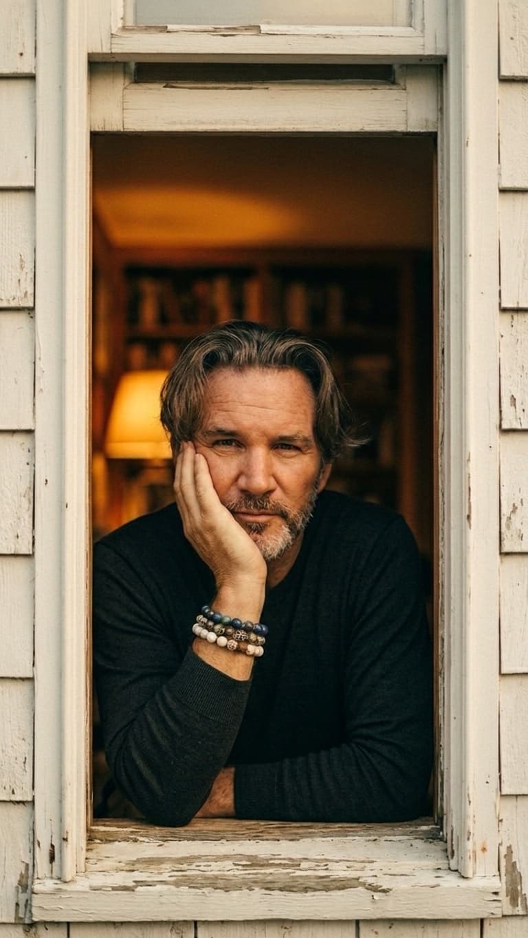 Christian J. Charette resting his chin on his hand, leaning out a window with warm lamplight and bookshelves behind him