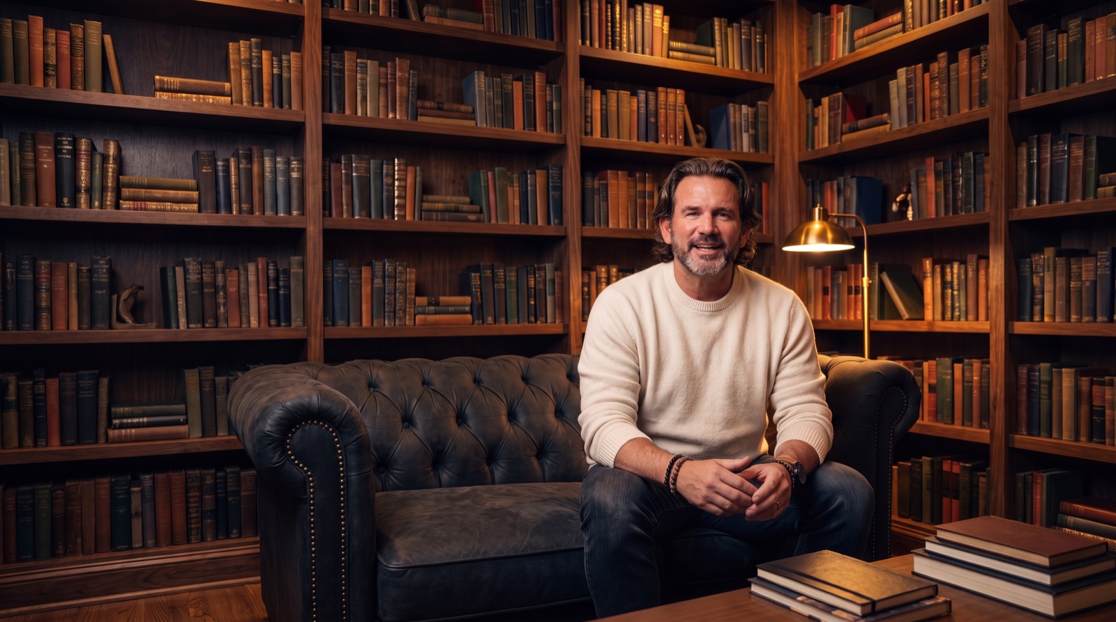 Christian J. Charette seated in a book-lined library, warm lamplight behind him